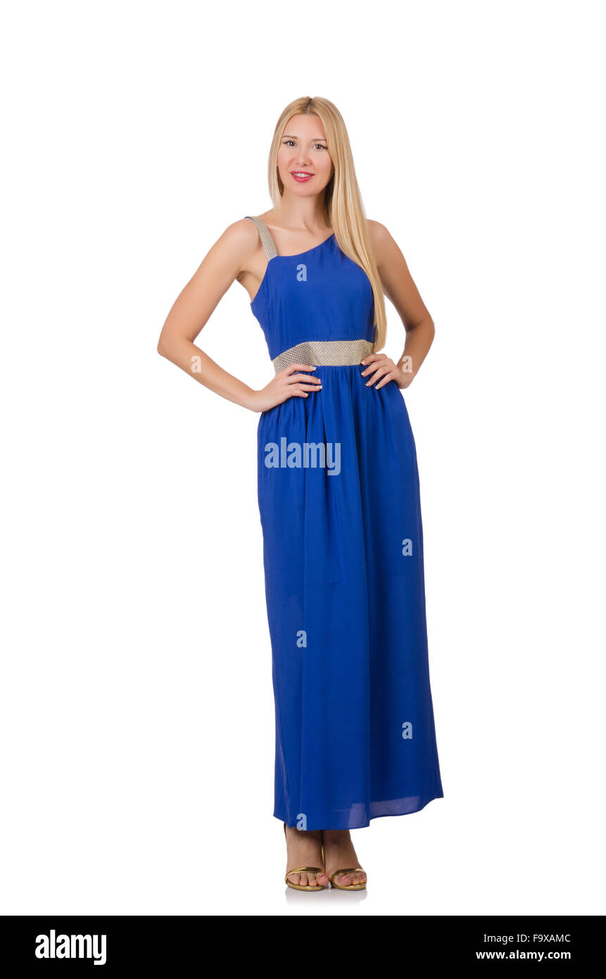Beautiful woman in long blue dress isolated on white Stock Photo - Alamy