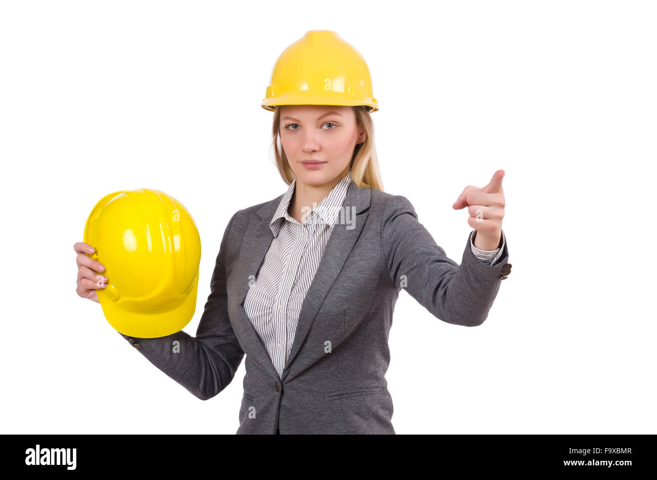 Businesswoman in gray suit and safety helmet isolated on white Stock ...
