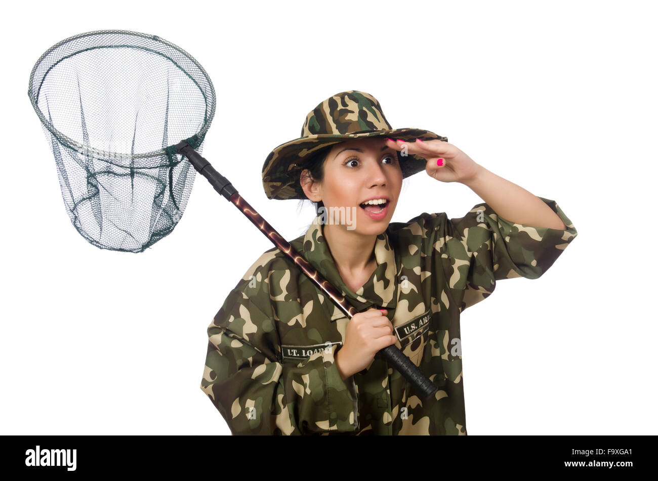 Woman in military clothing with catching net Stock Photo - Alamy