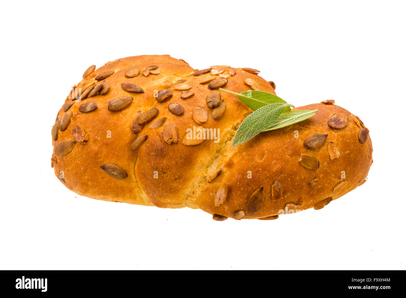 Bread with pumpkin seeds and shalfey leaf Stock Photo