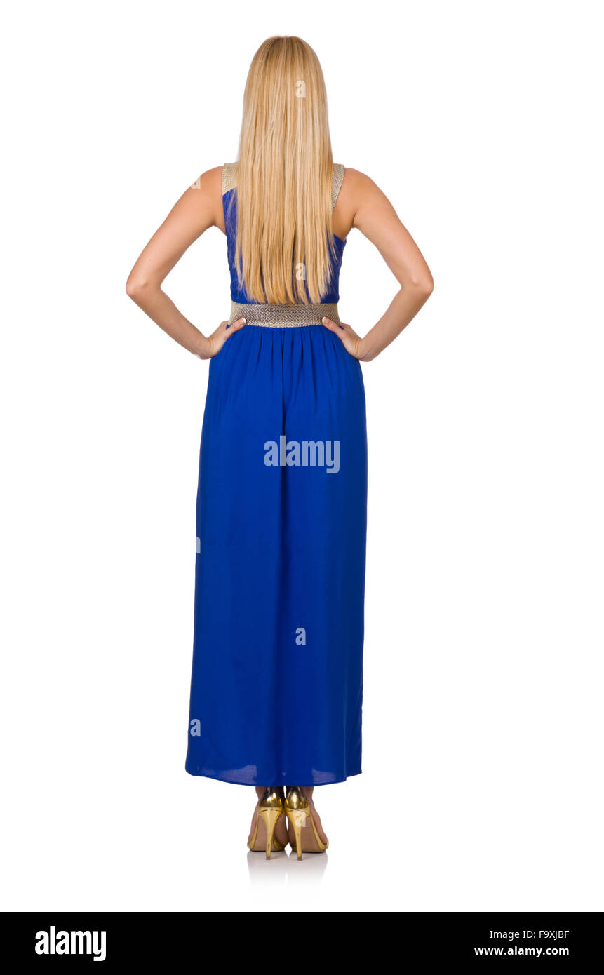 Beautiful woman in long blue dress isolated on white Stock Photo - Alamy