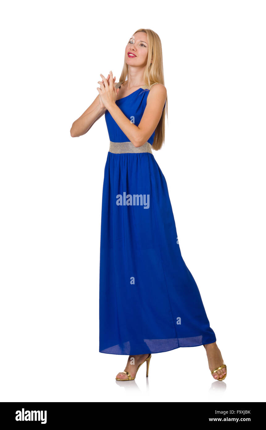 Beautiful woman in long blue dress isolated on white Stock Photo - Alamy