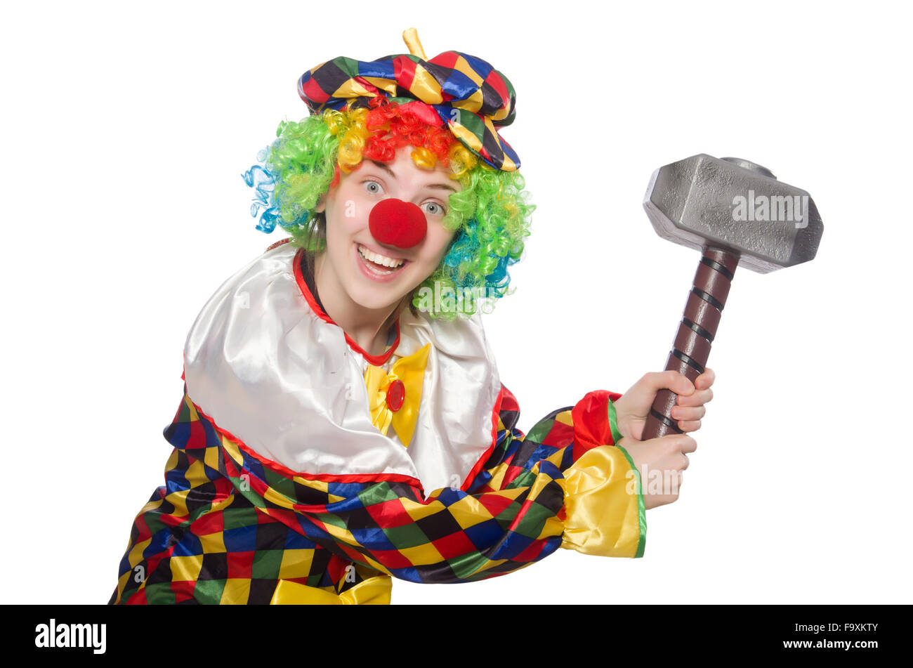 Clown with hammer isolated on white Stock Photo Alamy