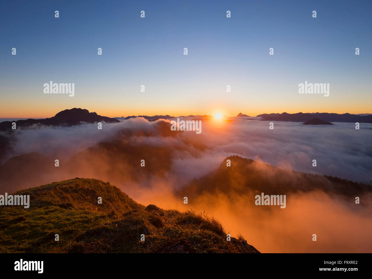 Germany, Bavaria, Bavarian Prealps, Sunset at Jochberg mountain, morning mood Stock Photo