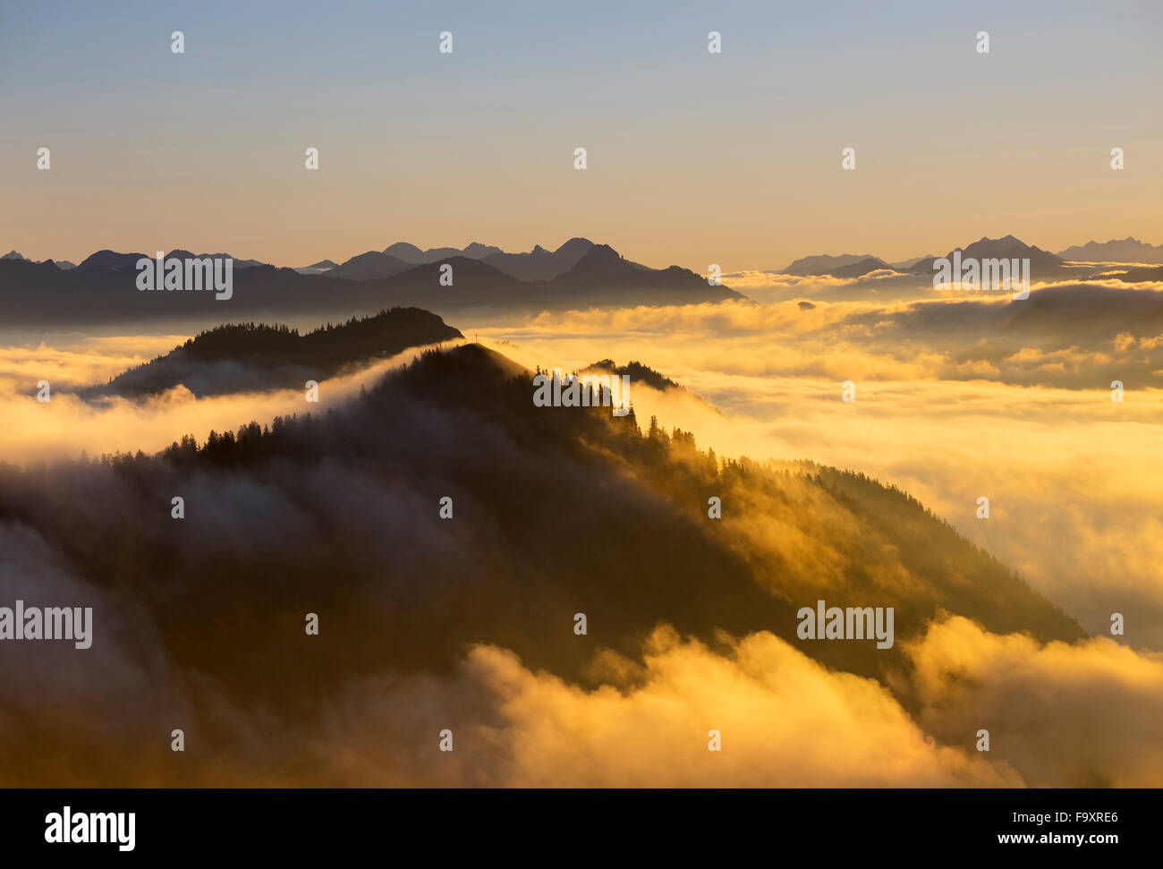 Germany, Bavaria, Bavarian Prealps, Sunset at Jochberg mountain, morning mood Stock Photo