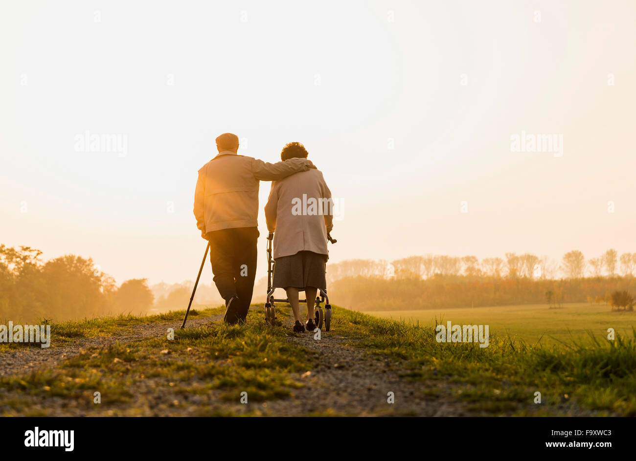 Senior couple walking with walking stick and wheeled walker in the nature Stock Photo