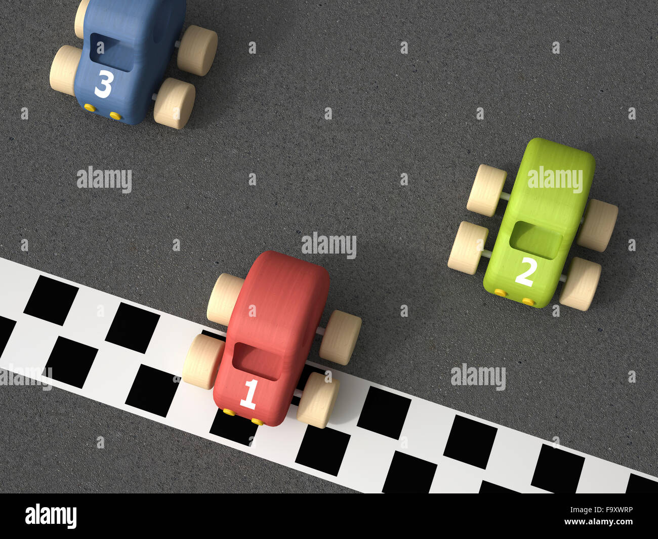 3d Rendering, toy racing cars at finishing line Stock Photo