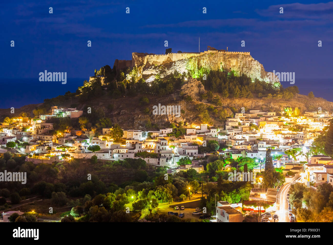 Greece, Aegean Islands, Rhodes, Lindos, View to Acropolis of Lindos at ...