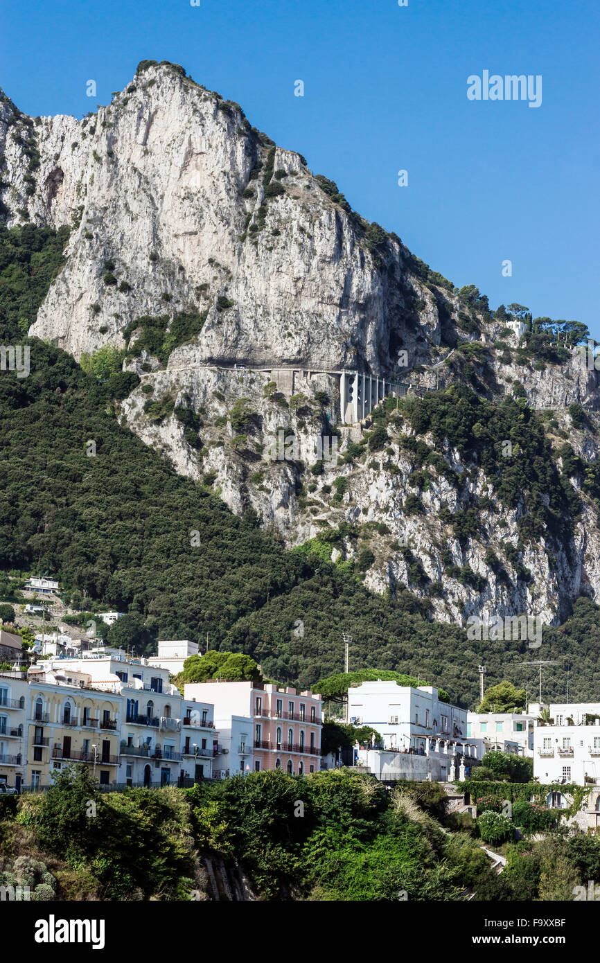 Italy, Capri, row of houses, viaduct in the background Stock Photo