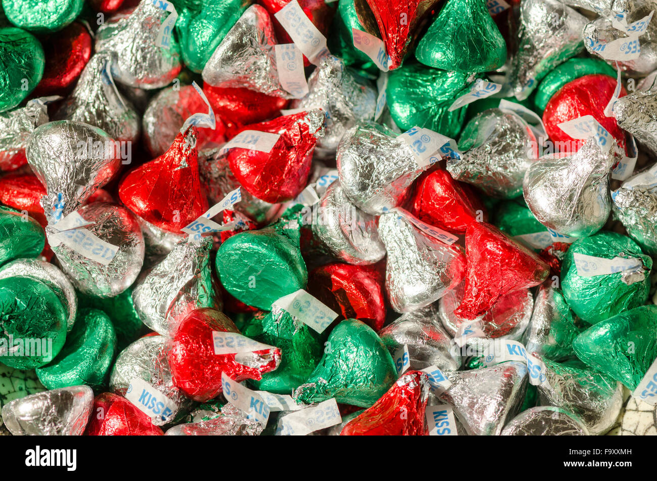 American Hershey's Kisses, milk chocolate candy in christmas packaging. Stock Photo