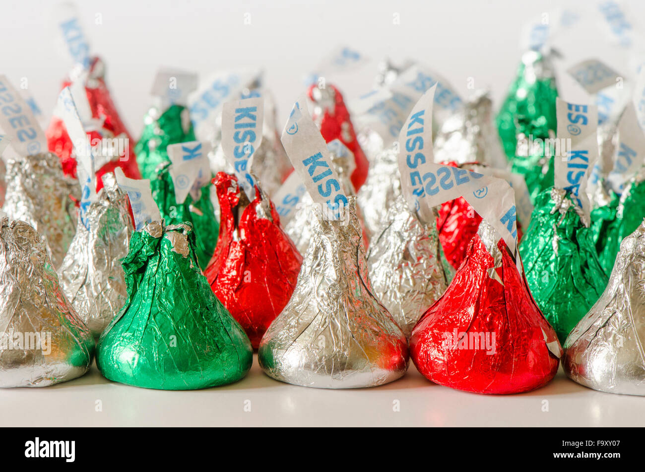 American Hershey's Kisses, milk chocolate candy in christmas packaging. Stock Photo