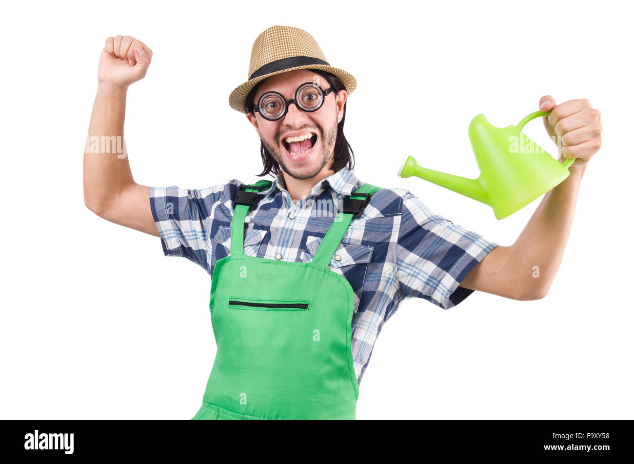 Young cheerful gardener with watering can isolated on white Stock Photo ...