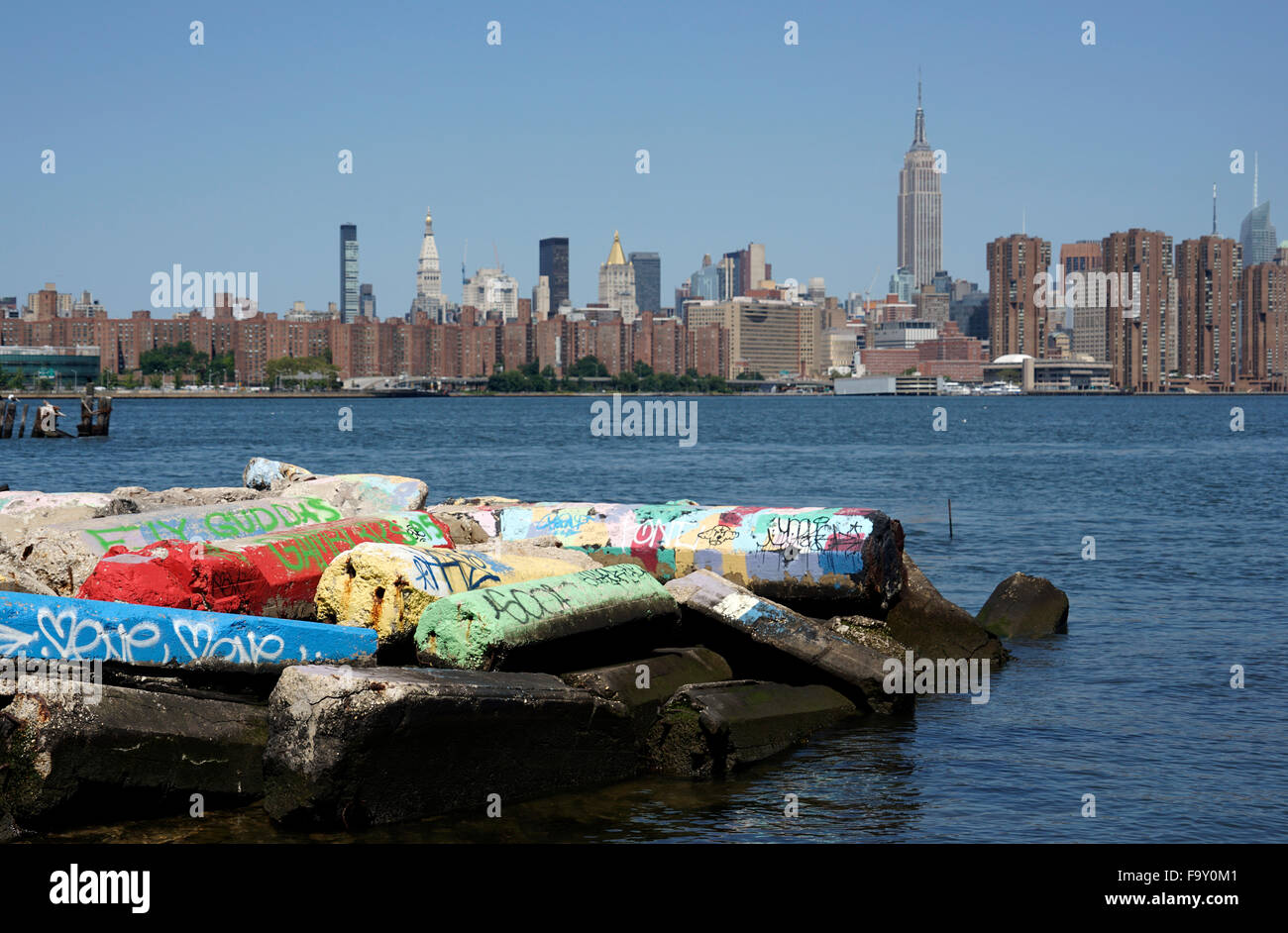 Day time view of Manhattan from Williamsburg Brooklyn with view of East River, New York City, USA Stock Photo