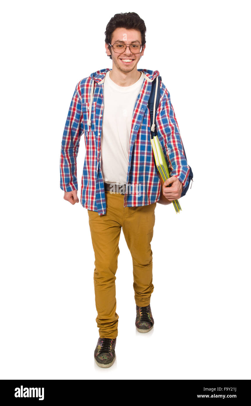 Student with books and backpack isolated on white Stock Photo - Alamy