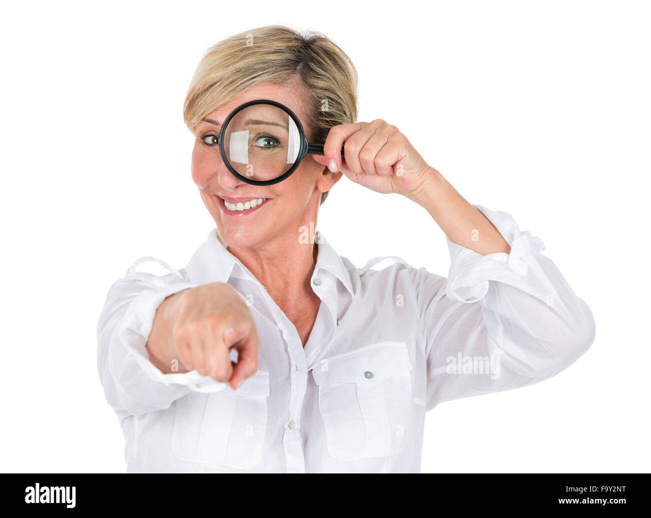 manager woman looking through magnifying glass Stock Photo - Alamy