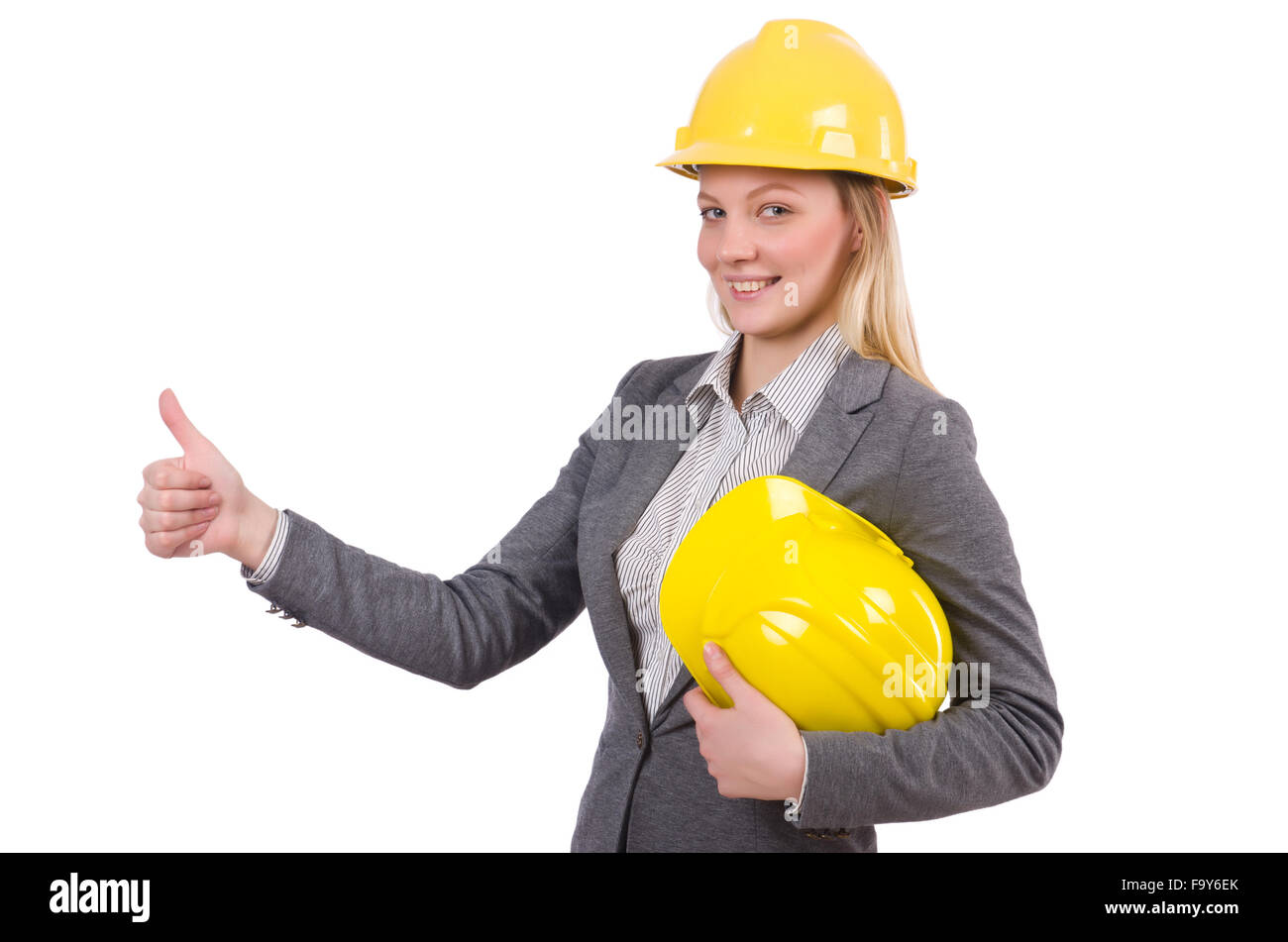 Businesswoman in gray suit and safety helmet isolated on white Stock ...