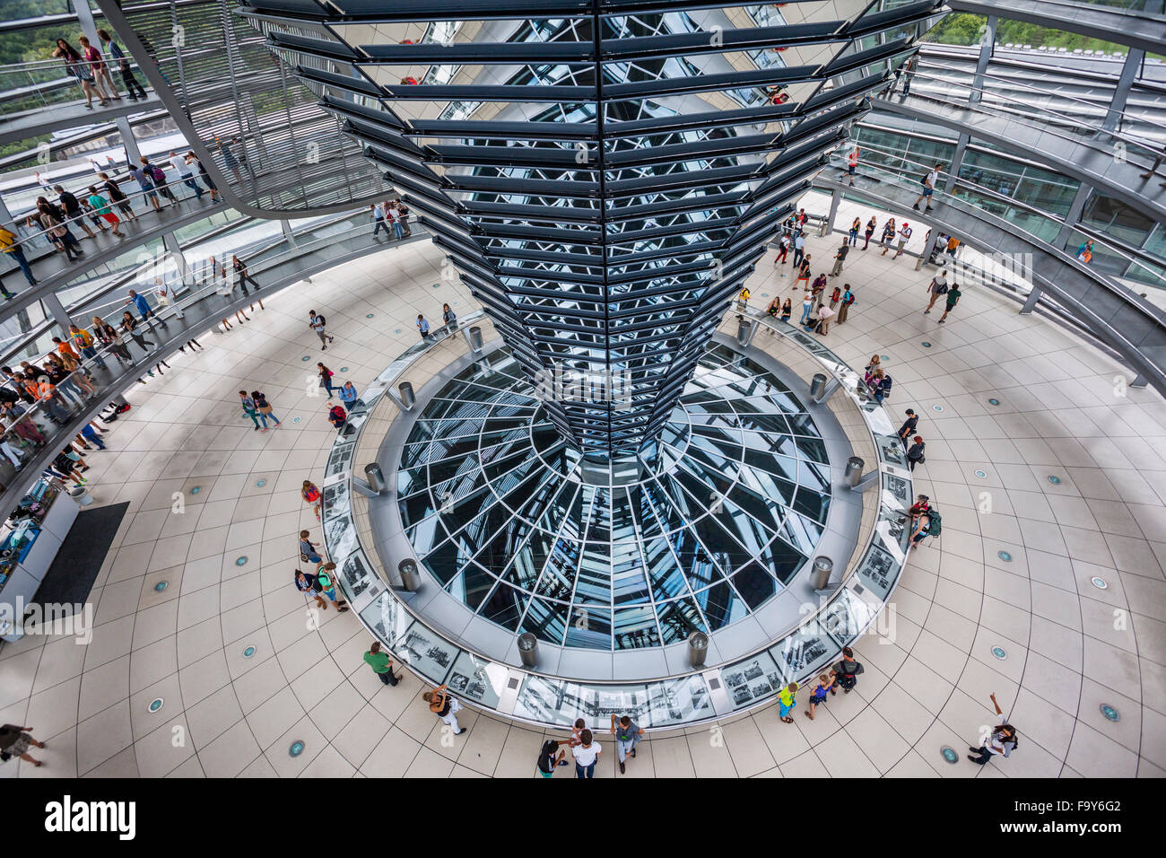 Germany, Berlin, Reichstag building, interior view of glas dome designed by Norman Foster with double-helix spiral ramps Stock Photo
