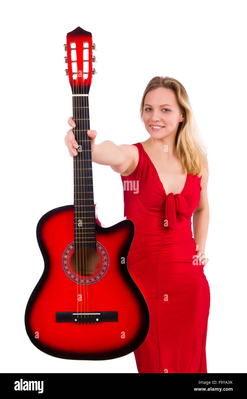 Pretty girl holding guitar isolated on white Stock Photo - Alamy