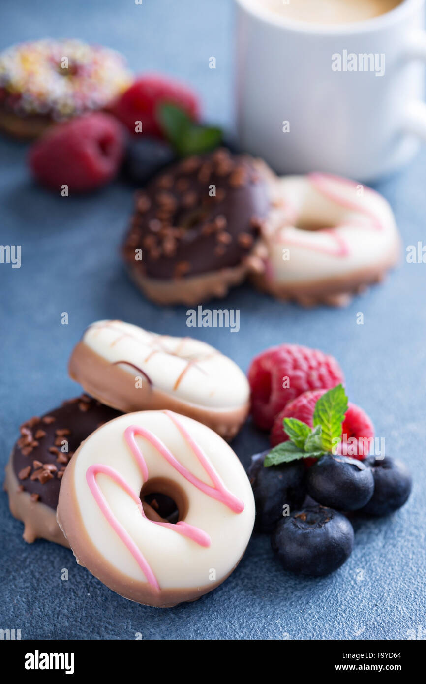 Small glazed mini donuts with fresh raspberries and blueberries Stock Photo