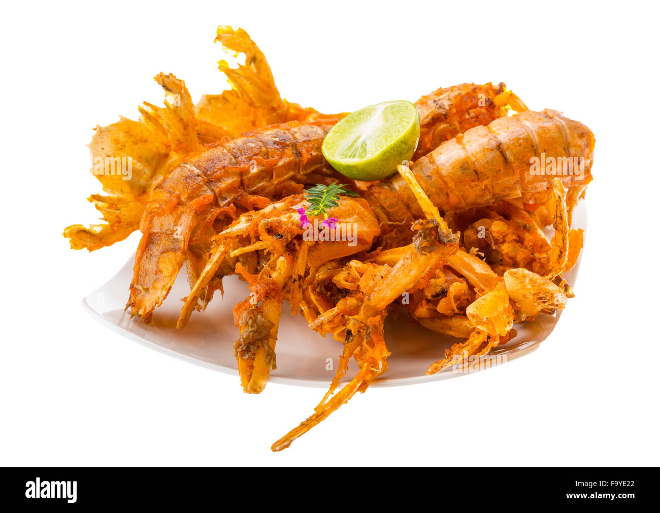 Grilled crawdads with sliced lime Stock Photo