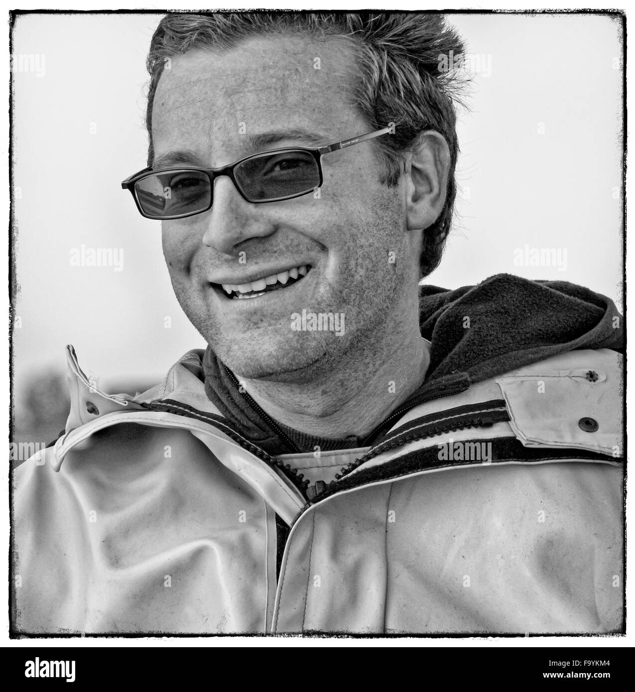 Fisherman, b/w. Shrimp fishing - the world's last remaining horseback fishermen. Oostduinkerke, Belgium. Stock Photo