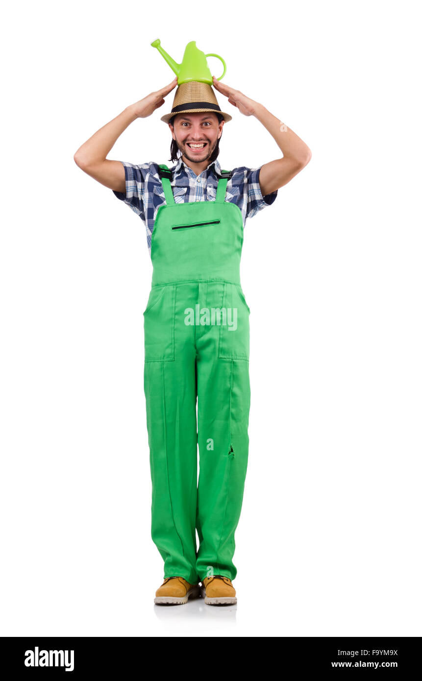 Young cheerful gardener with watering can isolated on white Stock Photo ...