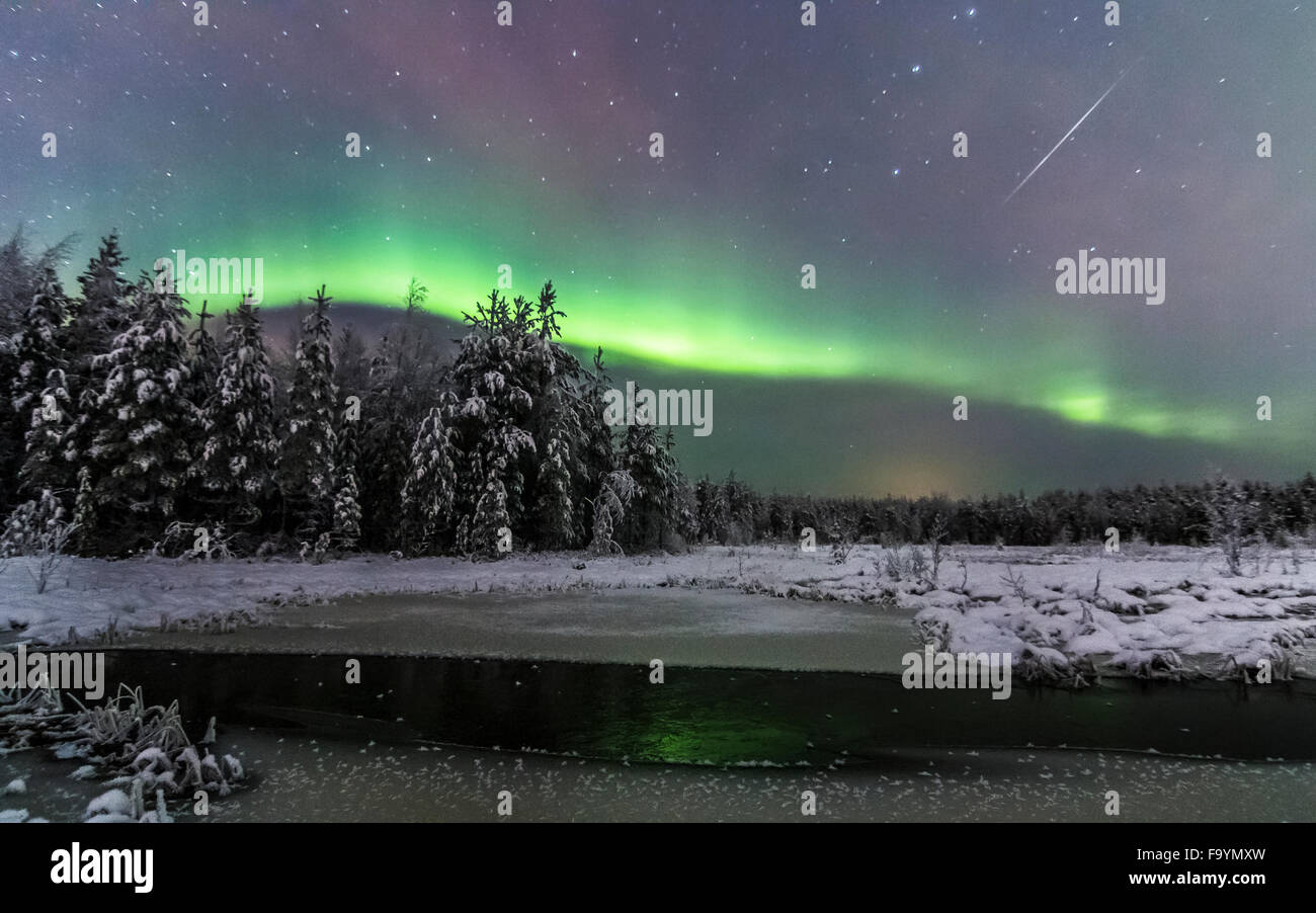 Aurora borealis and a shooting star over a frozen mire Stock Photo