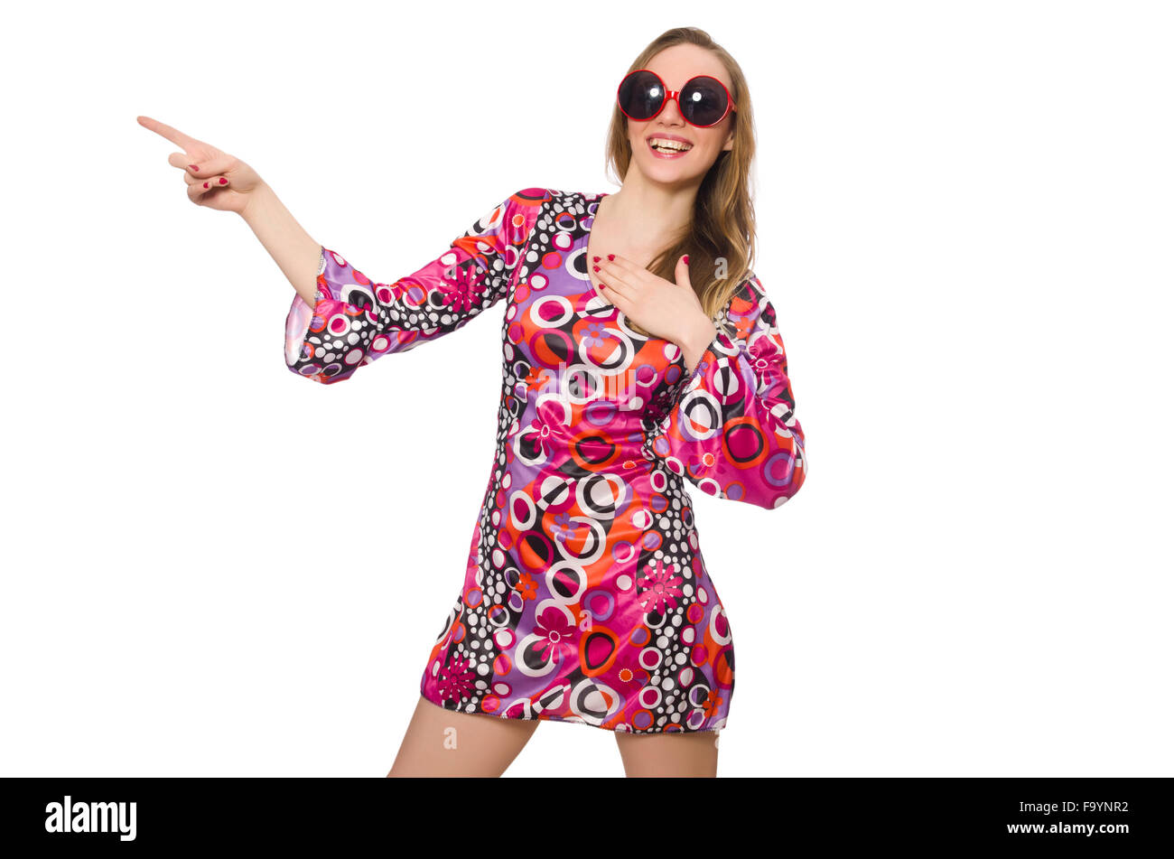 Pretty girl in dress with pink prints isolated on white Stock Photo - Alamy
