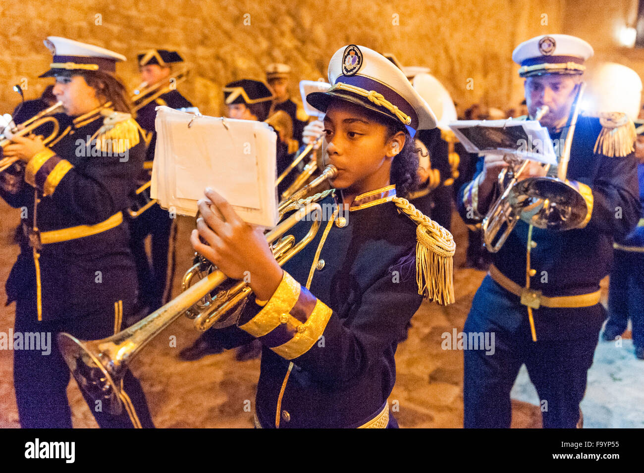 The popular Feast Of St.Francis Parade and marching band in Easter in Ibiza Old Town, Spain. Stock Photo