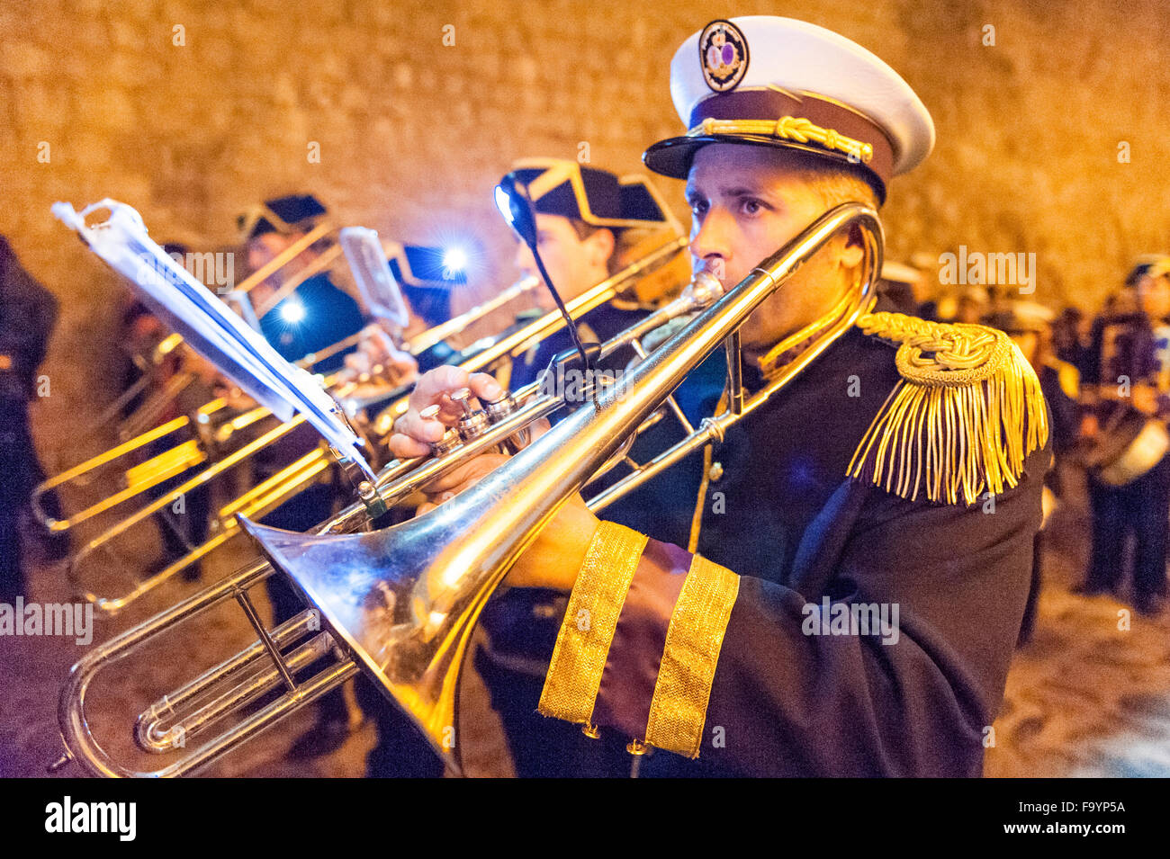 The popular Feast Of St.Francis Parade and marching band in Easter in Ibiza Old Town, Spain. Stock Photo