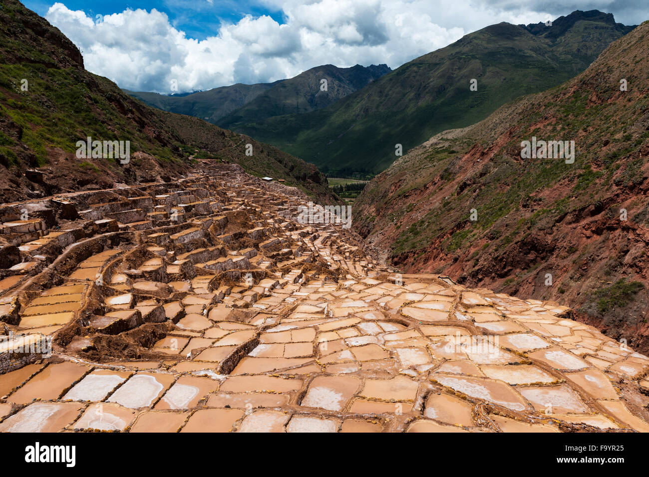 View of the Maras Salt Mines near the village of Maras, Sacred Valley, Peru Stock Photo