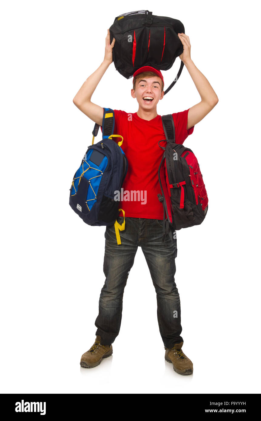 Young traveller with backpack isolated on white Stock Photo - Alamy