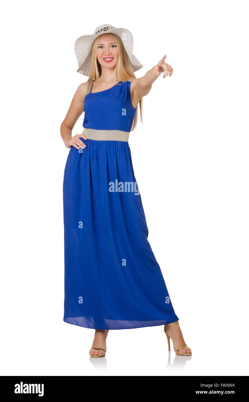 Beautiful woman in long blue dress isolated on white Stock Photo - Alamy
