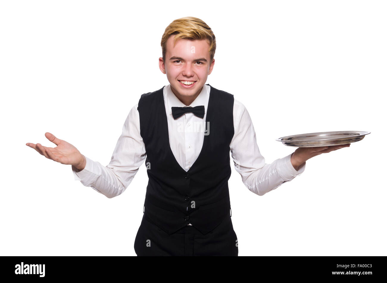 Waiter holding plate isolated on white Stock Photo