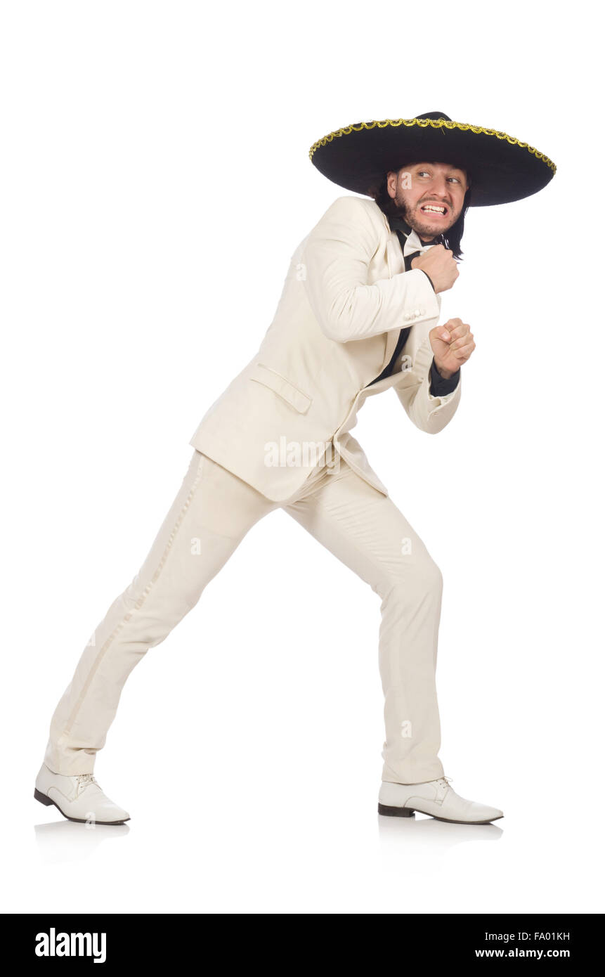 Funny mexican in suit and sombrero isolated on white Stock Photo
