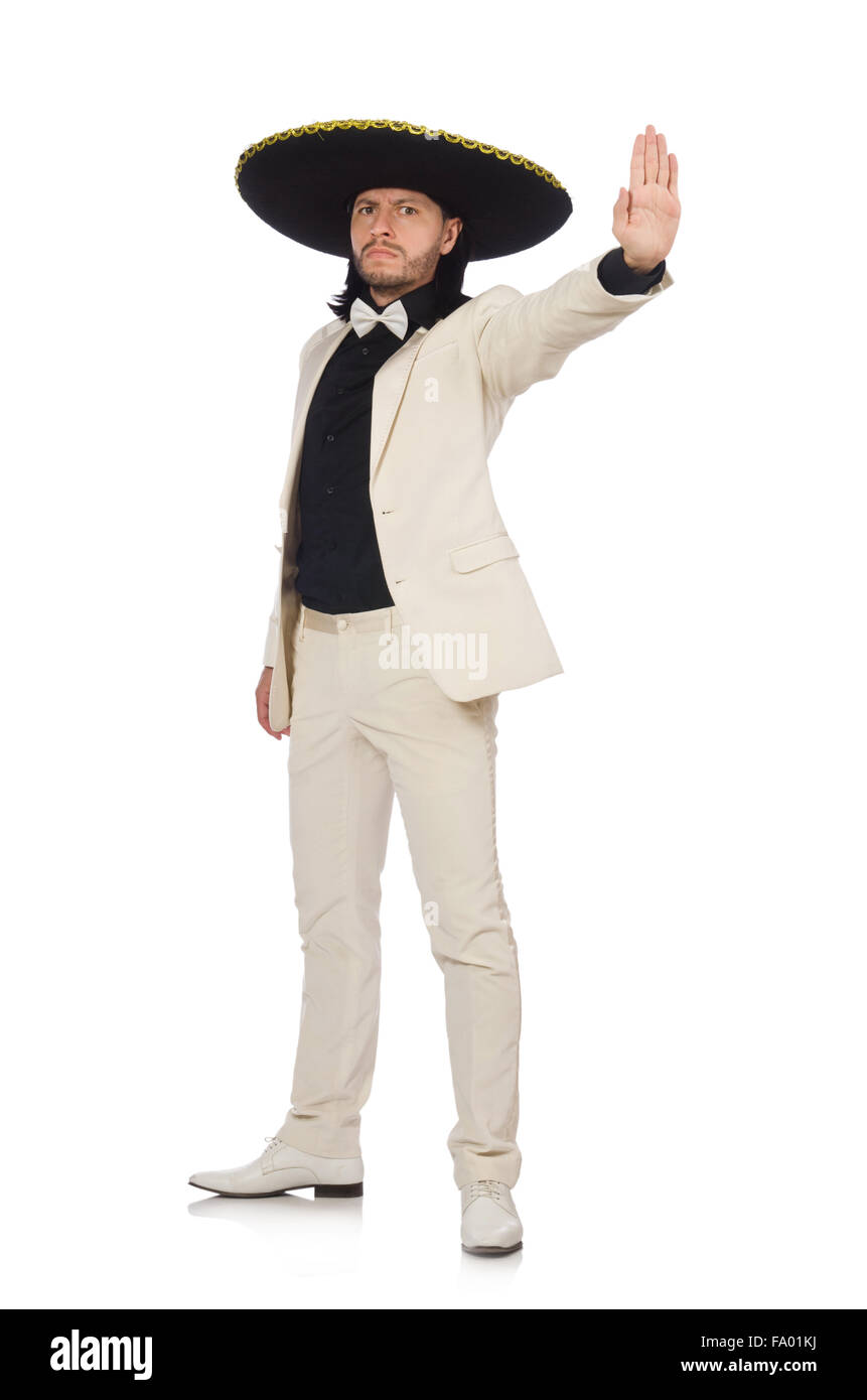 Funny mexican in suit and sombrero isolated on white Stock Photo