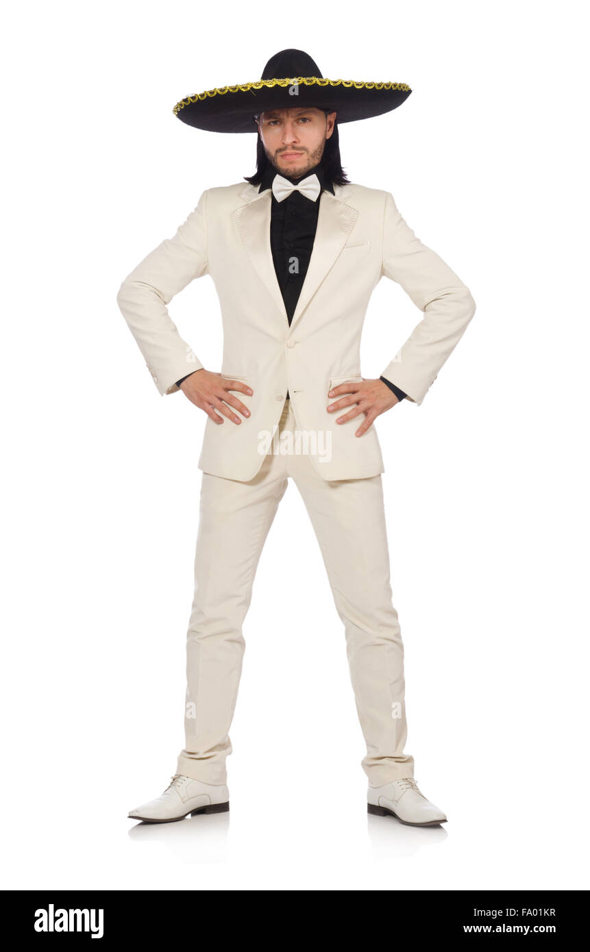 Funny mexican in suit and sombrero isolated on white Stock Photo