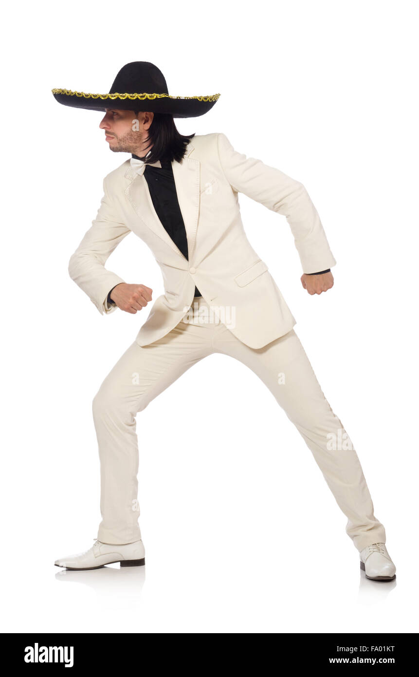 Funny mexican in suit and sombrero isolated on white Stock Photo