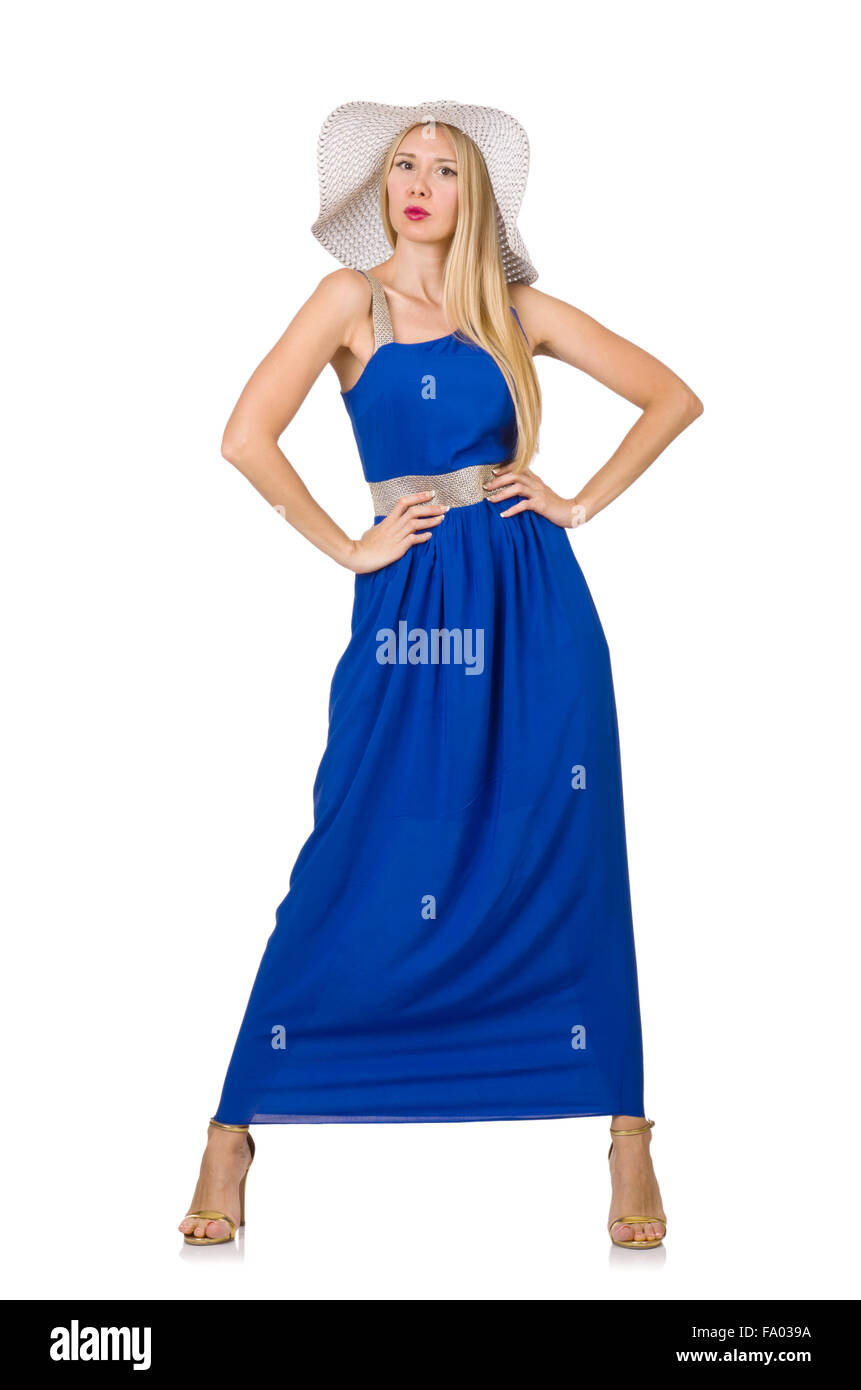 Beautiful woman in long blue dress isolated on white Stock Photo - Alamy
