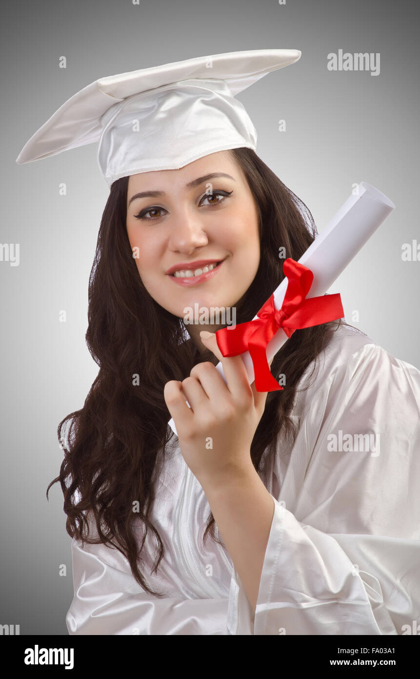 Happy graduate on white background Stock Photo - Alamy