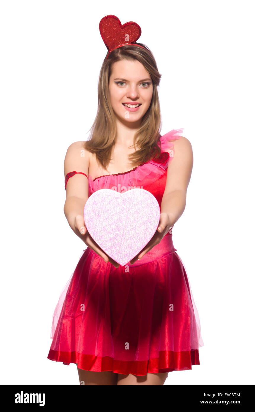 Girl in pretty pink dress with gift box isolated on white Stock Photo ...
