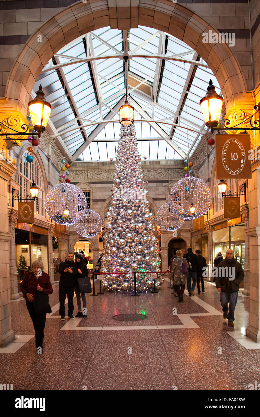 Christmas tree with lights in the Grosvenor shopping arcade Chester Cheshire England Stock Photo