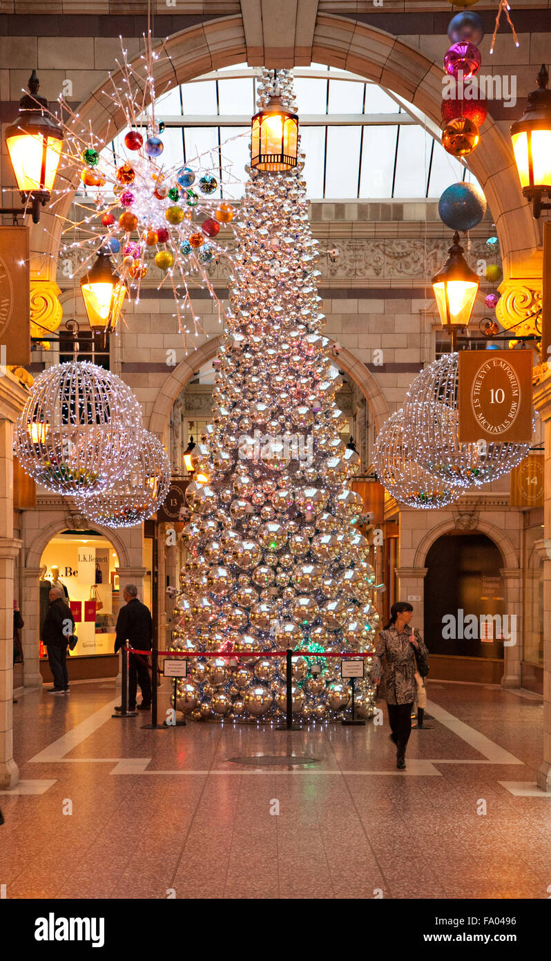 Christmas tree with lights in the Grosvenor shopping arcade Chester Cheshire England Stock Photo