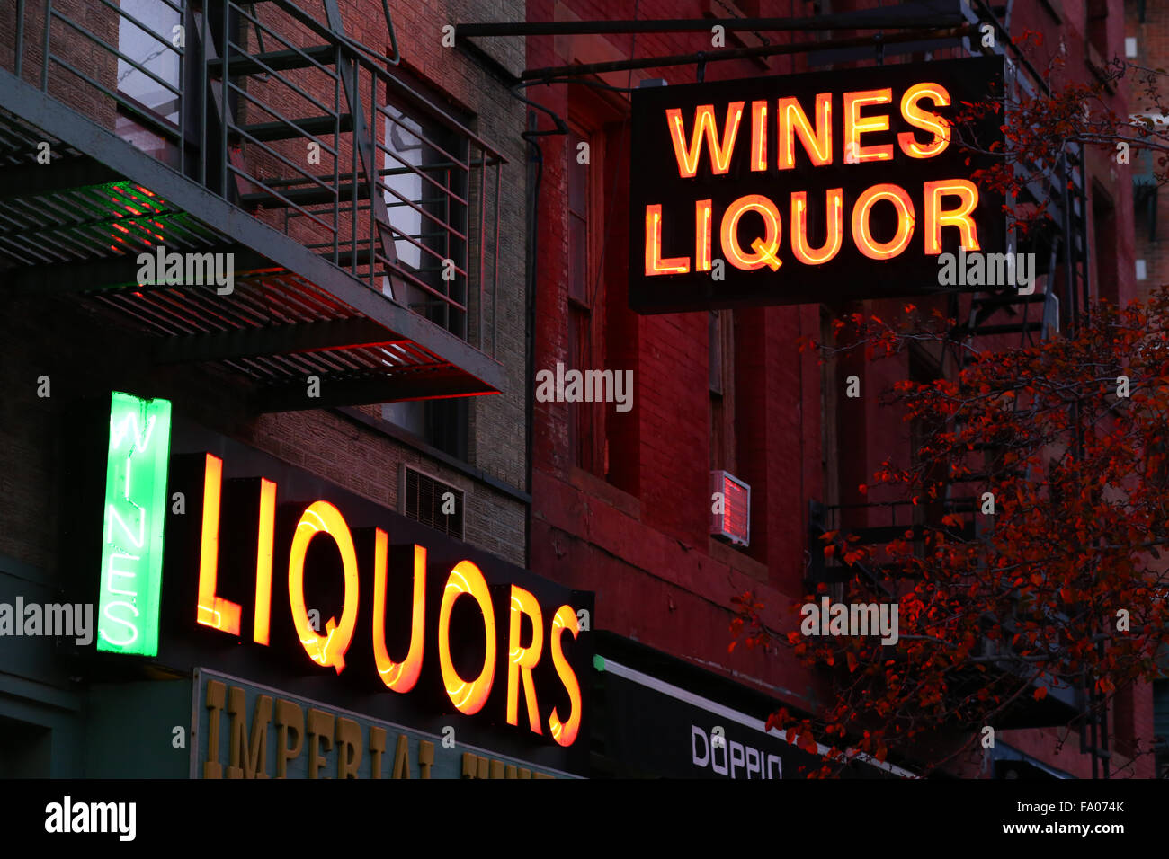 Wine and Liquors neon signs Stock Photo