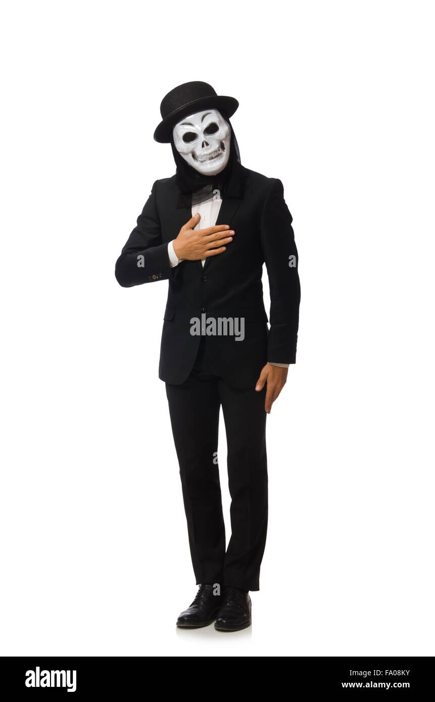 Man with scary mask isolated on white Stock Photo Alamy