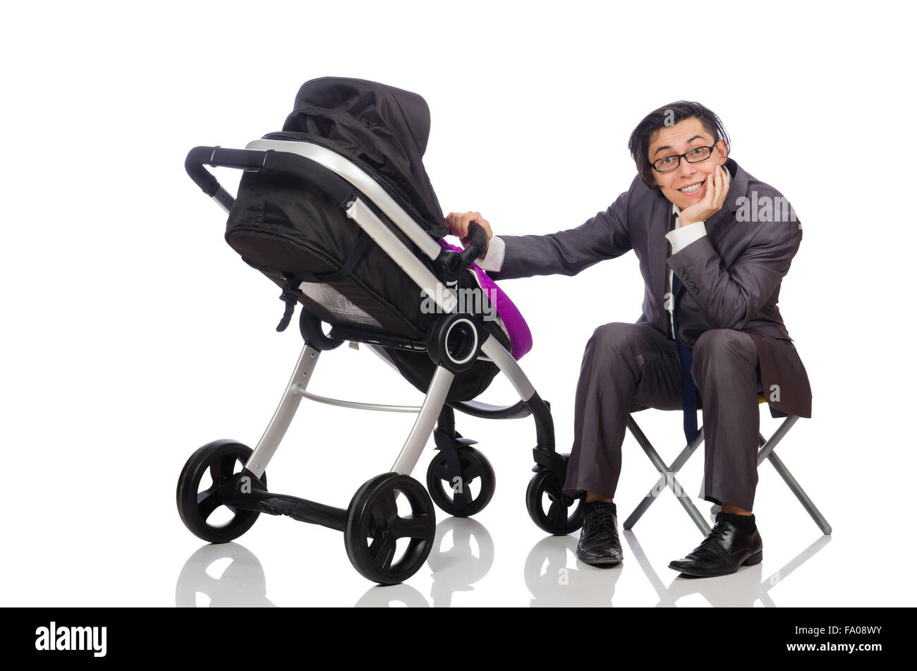 Funny dad with baby and pram on white Stock Photo Alamy
