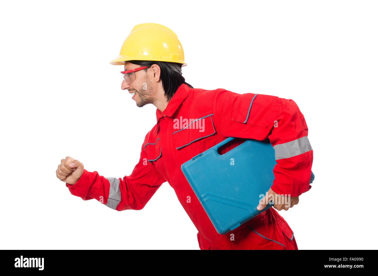 Man wearing red coveralls isolated on white Stock Photo - Alamy