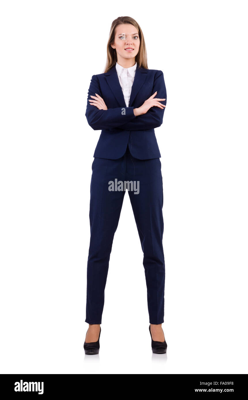 Businesswoman in blue suit isolated on white Stock Photo - Alamy