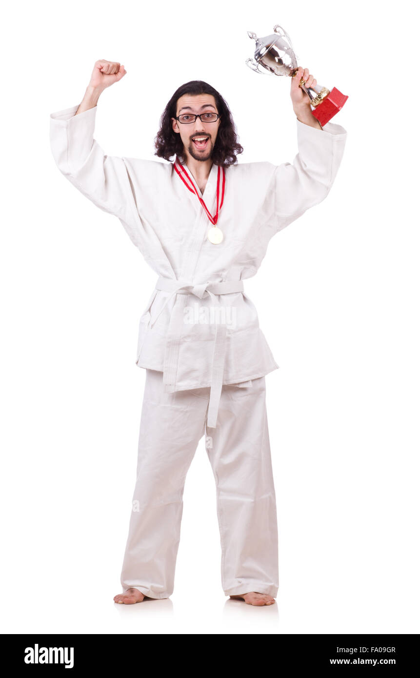 Funny karate fighter with cup on white Stock Photo - Alamy