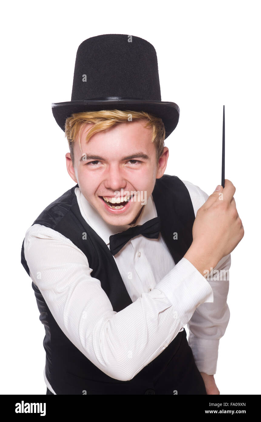 Magician with magic stick isolated on white Stock Photo - Alamy